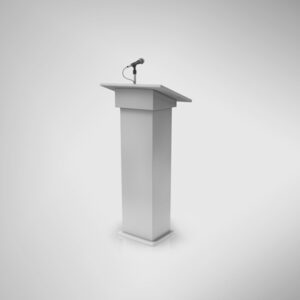 White podium with a single microphone
